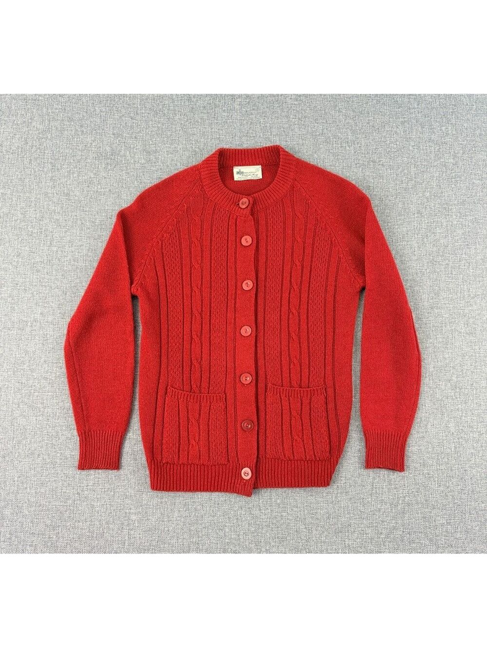 Vintage 70s Kmart Womens Button Up Cable Knit Red Sweater Size S Front Pockets